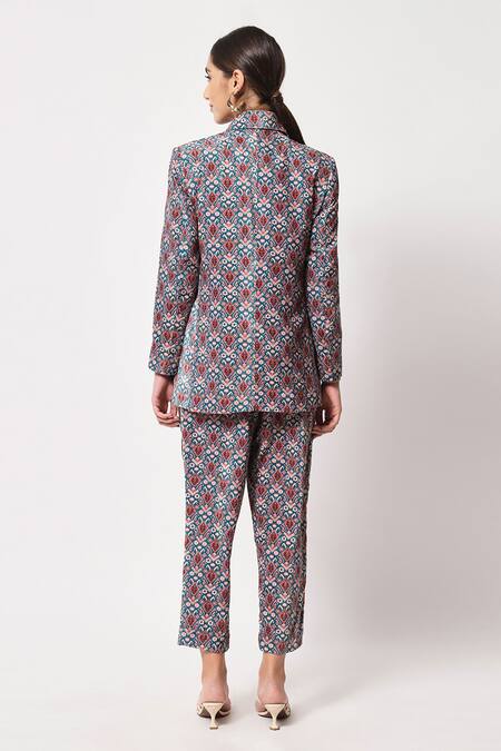 Shop_Soniya G_Brown Velvet Printed Geometric Notch Lapel Collar Blazer And Pant Set _at_Aza_Fashions
