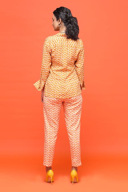 Shop Raasa Orange Crepe, Georgette Floral Shirt Collar Ulta Tulip And Pant Set at Aza Fashions Shop_Raasa_Orange Crepe, Georgette Floral Shirt Collar Ulta Tulip And Pant Set _at_Aza_Fashions