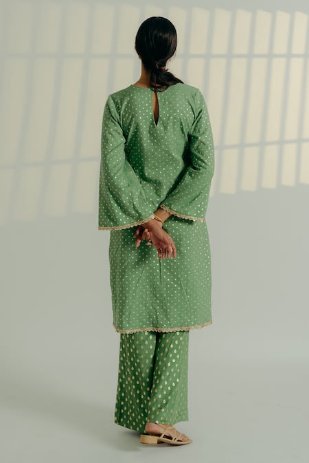 Aaryaa By Kashveen Kohli Chanderi Brocade Front Slit Kurta With Palazzos 