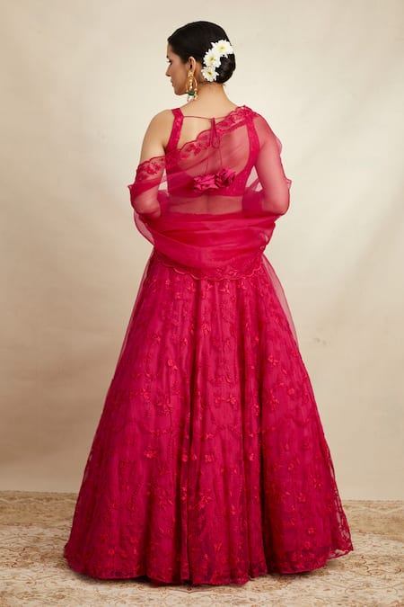 Shop_Astha Narang_Pink Organza Embroidery V-neck Floral Bridal Lehenga Set _at_Aza_Fashions