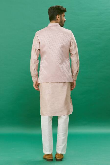 Shop Rng Safawala Pink Jacquard Geometric Pattern Nehru Jacket And Kurta Set at Aza Fashions Shop_Rng Safawala_Pink Jacquard Geometric Pattern Nehru Jacket And Kurta Set_at_Aza_Fashions