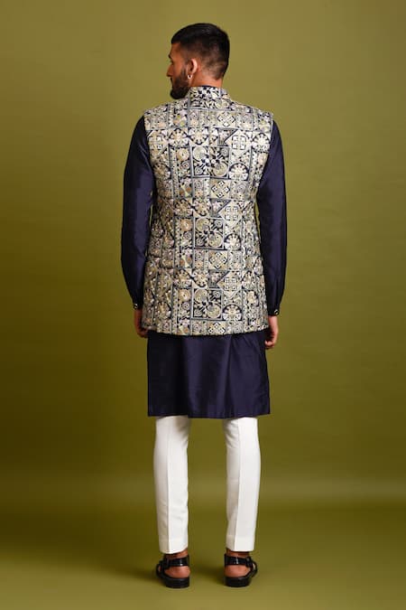 Shop_Chatenya Mittal_Blue Silk Mirrors Thread Embroidered Bundi And Kurta Set For Kids_at_Aza_Fashions