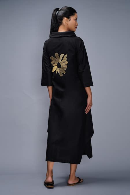 Shop Taika By Poonam Bhagat Black Cotton, Silk Embroidery Collared Midi Dress at Aza Fashions Shop_Taika By Poonam Bhagat_Black Cotton, Silk Embroidery Collared Midi Dress _at_Aza_Fashions