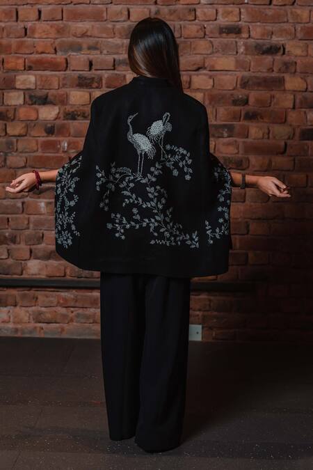 Shop Taroob Black Wool Flamingo Chinese Collar Embroidered Swarovski Cape at Aza Fashions Shop_Taroob_Black Wool Flamingo Chinese Collar Embroidered Swarovski Cape_at_Aza_Fashions