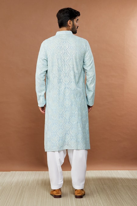 Shop Aham-Vayam Blue Cotton Sequins Mughalkaari Embroidered Kurta And Patiala Set at Aza Fashions Shop_Aham-Vayam_Blue Cotton Sequins Mughalkaari Embroidered Kurta And Patiala Set _at_Aza_Fashions