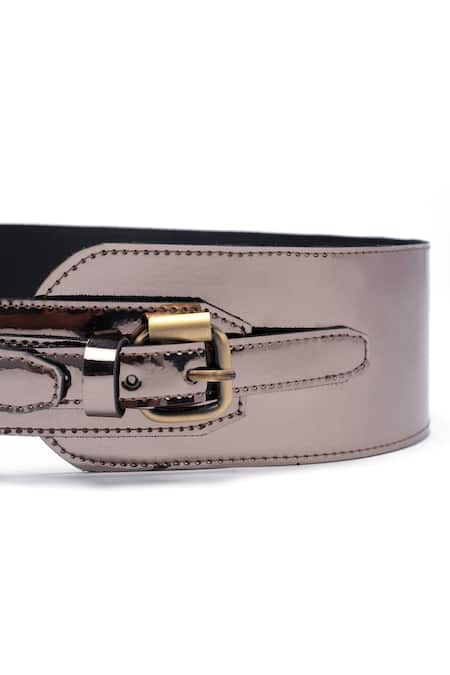 Shop_Trov_Grey Metallic Leather Buckle Belt _at_Aza_Fashions