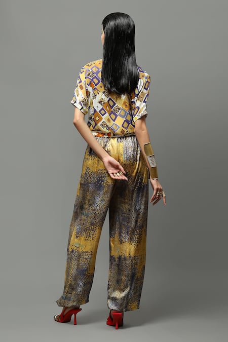 AK-OK Yellow Chiffon High Neck Abstract Print Top And Joggers Set Online at Aza Fashions AK-OK_Yellow Chiffon High Neck Abstract Print Top And Joggers Set _Online_at_Aza_Fashions