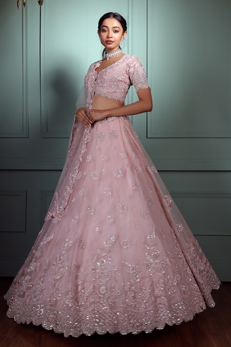 Shop Pallavi Poddar Pink Organza, Tulle Embroidery, Crystals, Gulal Flower Bridal Lehenga Set at Aza Fashions Shop_Pallavi Poddar_Pink Organza, Tulle Embroidery, Crystals, Gulal Flower Bridal Lehenga Set _at_Aza_Fashions