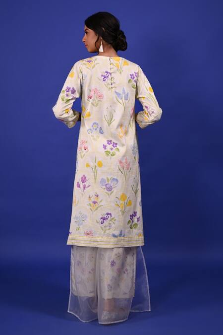 Shop Rimi Nayak White Organza, Modal Embroidery Assorted Floral Print Trousers at Aza Fashions Shop_Rimi Nayak_White Organza, Modal Embroidery Assorted Floral Print Trousers _at_Aza_Fashions