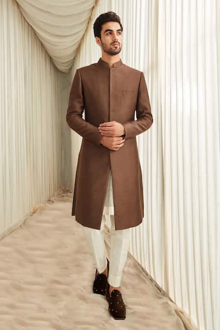 Shop_Sawan Gandhi_Brown Silk Mandarin Collar Sherwani And Pant Set_at_Aza_Fashions