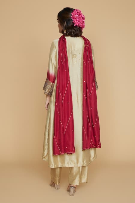 Shop_Label Niti Bothra_Ivory Silk Pitta, Marodi Keyhole And Work Kurta Palazzo Set _at_Aza_Fashions