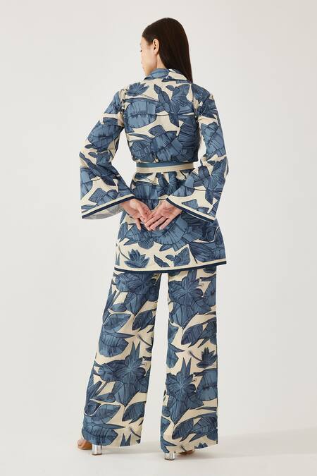 Shop_Koai_White Poplin, Cotton Embroidery Collared Floral Print Jacket _at_Aza_Fashions