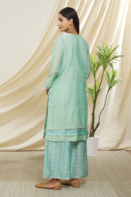 Shop Peenacolada Blue Chanderi Embroidery, Gota Patti Round Neck Straight Kurta Printed Pant Set at Aza Fashions Shop_Peenacolada_Blue Chanderi Embroidery, Gota Patti Round Neck Straight Kurta Printed Pant Set _at_Aza_Fashions
