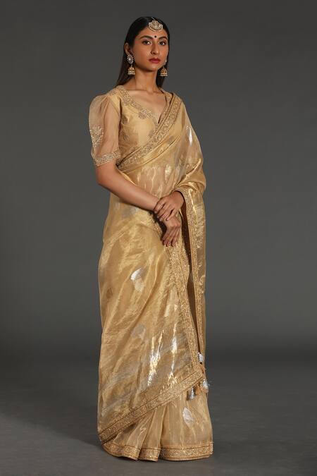 Shop Rar Studio Gold Chanderi, Silk, Cotton Embroidery Boat Neck Dori Hand Saree With Blouse at Aza Fashions Shop_Rar Studio_Gold Chanderi, Silk, Cotton Embroidery Boat Neck Dori Hand Saree With Blouse_at_Aza_Fashions