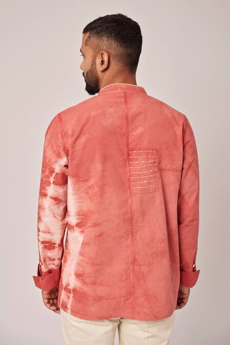 Shop_Pallavi Kandoi_Red Cotton Embroidery Hand-dyed Button-down Shirt _at_Aza_Fashions