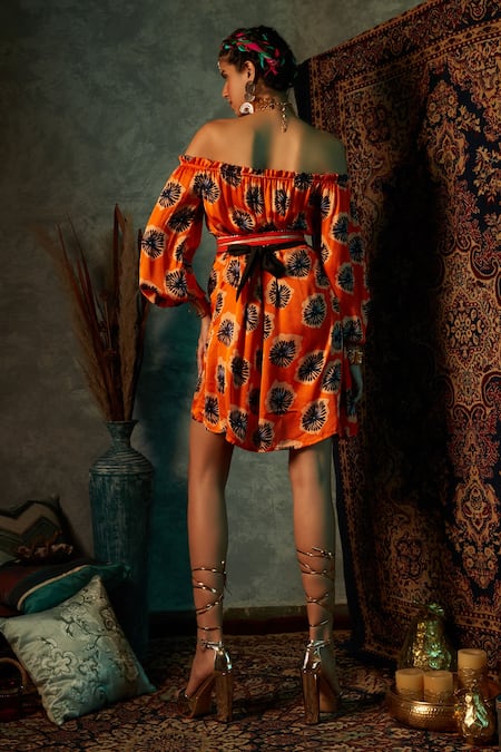 Shop Esha L Amin Orange Viscose, Crepe Off-shoulder Blotch Print Off Dress at Aza Fashions Shop_Esha L Amin_Orange Viscose, Crepe Off-shoulder Blotch Print Off Dress _at_Aza_Fashions