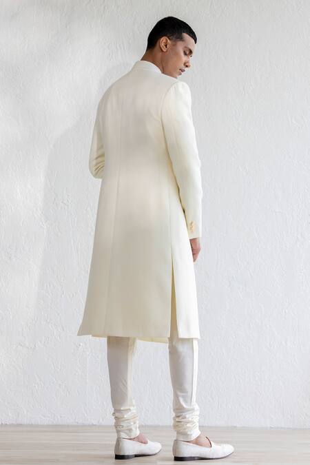 Shop Qbik Ivory Cotton Satin, Pashmina, Kota Doria Talq Sherwani Set With Kashmiri Stole at Aza Fashions Shop_Qbik_Ivory Cotton Satin, Pashmina, Kota Doria Talq Sherwani Set With Kashmiri Stole_at_Aza_Fashions