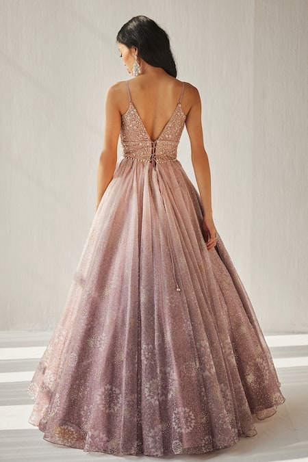 Cedar & Pine Pale Scattered Sequin Embroidered Gown 