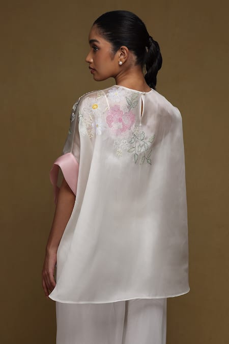 Shop_Shriya Som_Ivory Organza Embroidery Round Neck, Placement Boxy Top _at_Aza_Fashions