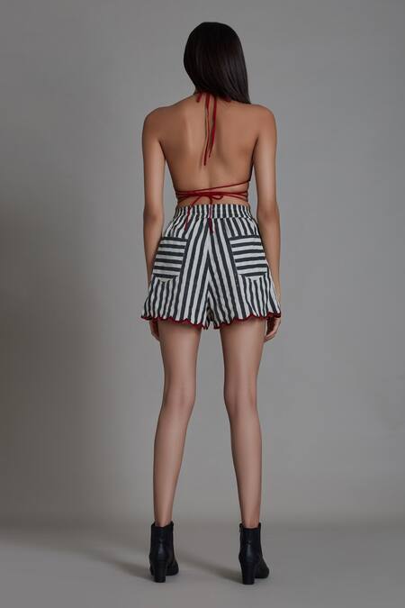 MATI - Red 100% Cotton Block Print Striped V Overlap Bralette And Shorts  Set For Women
