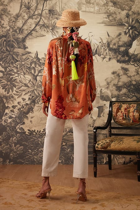 Shop Kalista Orange Cotton Satin, Viscose Tassels Dahlia Botanical Print Tunic And Pant Set at Aza Fashions Shop_Kalista_Orange Cotton Satin, Viscose Tassels Dahlia Botanical Print Tunic And Pant Set _at_Aza_Fashions