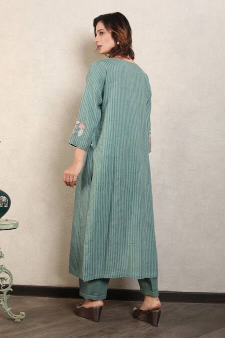 Shop_Falguni.Foram_Blue Gauze Linen Printed And Hand Striped Panelled Kurta & Pant Set  _at_Aza_Fashions