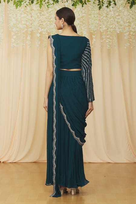 Shop Samyukta Singhania Blue Georgette Sequins, Pearls, Crystals Pre-draped Saree With Asymmetric Choli at Aza Fashions Shop_Samyukta Singhania_Blue Georgette Sequins, Pearls, Crystals Pre-draped Saree With Asymmetric Choli _at_Aza_Fashions