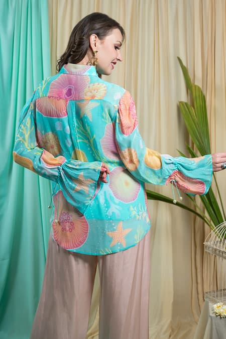 Shop Seams Pret And Couture Blue Georgette, Chiffon Tassels Lea Aquatic Print Shirt at Aza Fashions Shop_Seams Pret And Couture_Blue Georgette, Chiffon Tassels Lea Aquatic Print Shirt _at_Aza_Fashions