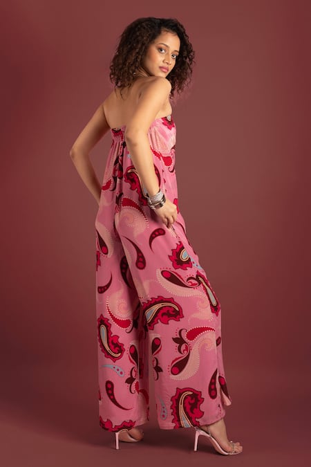 Shop_Style Junkiie_Pink Crepe Square Neck Sorbet Paisley Wrap Knotted Jumpsuit _at_Aza_Fashions