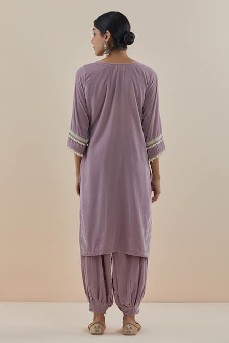 Shop Makaan.51 Purple Velvet Pearl U Neck Silk Bodice Kurta Set at Aza Fashions Shop_Makaan.51_Purple Velvet Pearl U Neck Silk Bodice Kurta Set_at_Aza_Fashions