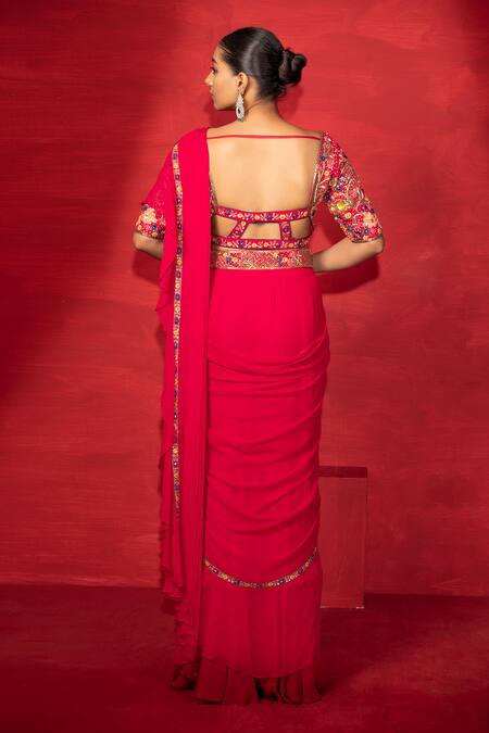 Shop_Miku Kumar_Fuchsia Silk, Georgette Thread, Sequin Pre-draped Saree With Embellished Blouse _Online_at_Aza_Fashions