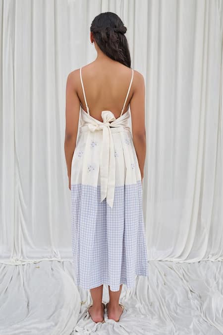 Shop Ayaka Blue Cotton Embroidery Round Neck Floral And Checkered Spaghetti Dress at Aza Fashions Shop_Ayaka_Blue Cotton Embroidery Round Neck Floral And Checkered Spaghetti Dress _at_Aza_Fashions