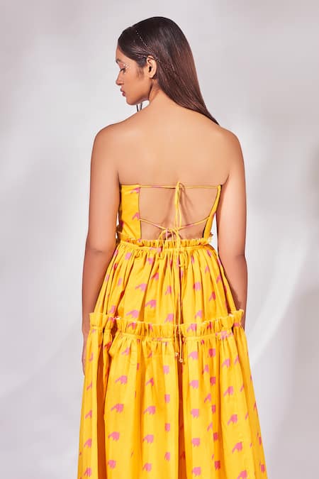 Shop_Senren By Eshana Raut_Yellow Cotton Square Neck Geometric Pattern Dress _at_Aza_Fashions