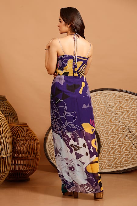 Shop_Garo_Blue Chiffon Abstract Halter Neck Print Gown _at_Aza_Fashions