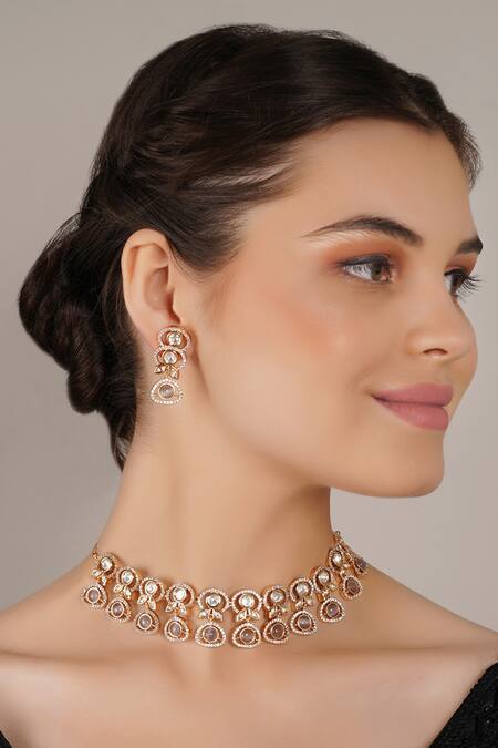 ChhavI'S Jewels_Purple Kundan, Polki And Stones Pear Shaped Cut Work Choker Necklace Set_Online_at_Aza_Fashions