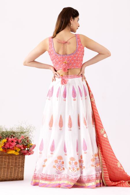 Shop_Abbaran_Ivory Chanderi Embroidery, Mirrors, Foil Printing Floral Block Lehenga Set _at_Aza_Fashions