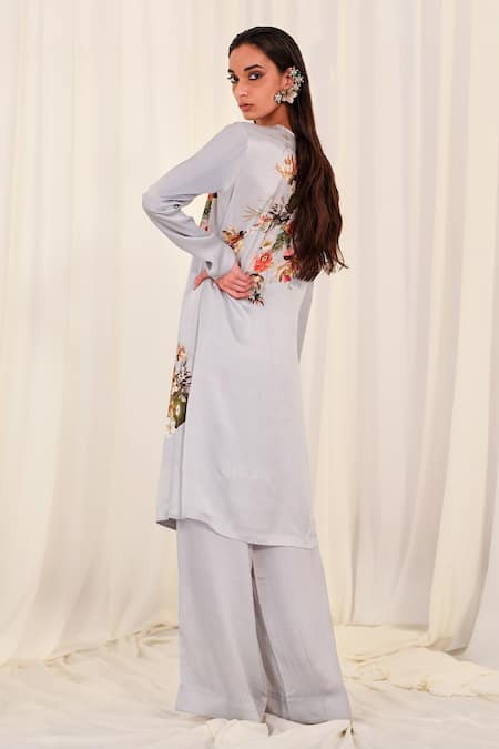 Shop AK-OK Blue Silk Embroidery Round Neck Flower Print Kurta With Trouser at Aza Fashions Shop_AK-OK_Blue Silk Embroidery Round Neck Flower Print Kurta With Trouser _at_Aza_Fashions