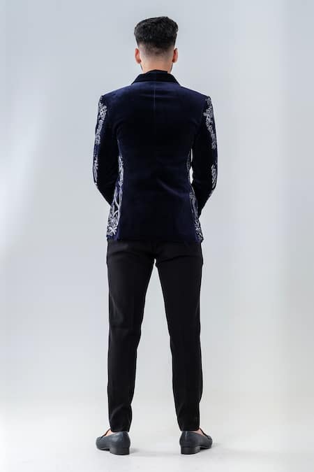 Amrit Dawani Navy Velvet Botanical Embroidered Tuxedo Set 