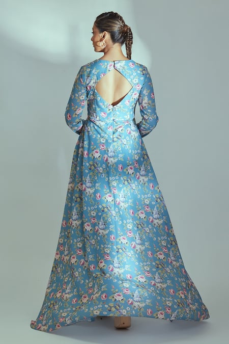 Buy_Suruchi Parakh_Blue Georgette And Crepe Floral Pattern V Neck High-low Crop Top & Flared Pant Set _Online_at_Aza_Fashions