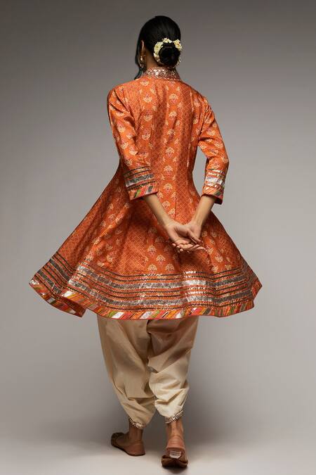 Shop Gopi Vaid Orange Tussar, Cotton Embroidery, Lace Tilla Placket Kurta And Dhoti Pant Set at Aza Fashions Shop_Gopi Vaid_Orange Tussar, Cotton Embroidery, Lace Tilla Placket Kurta And Dhoti Pant Set_at_Aza_Fashions