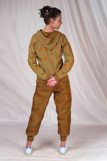 Shop_Seesa_Green Chiffon, Silk Embroidery V-neck Floral Print Hoodie _at_Aza_Fashions