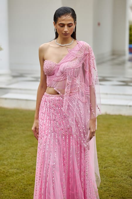Shop Moledro Pink Butterfly Net Mirror Work, Diva Embellished Draped Saree With Blouse at Aza Fashions Shop_Moledro_Pink Butterfly Net Mirror Work, Diva Embellished Draped Saree With Blouse_at_Aza_Fashions