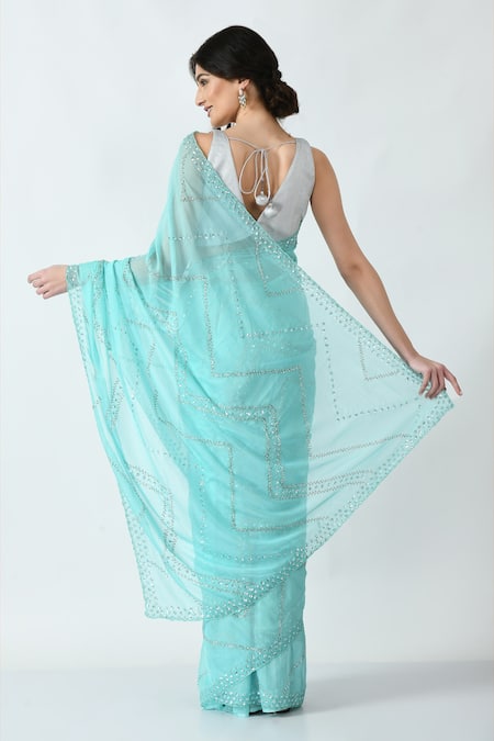 Shop Mehar Blue Organza Cut Work, Sequins Chevron Hand Embroidered Saree at Aza Fashions Shop_Mehar_Blue Organza Cut Work, Sequins Chevron Hand Embroidered Saree _at_Aza_Fashions