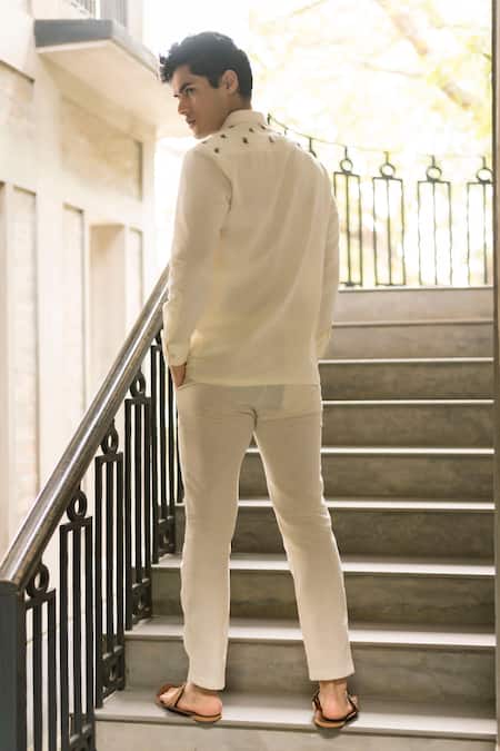 Shop Vaani Beswal Off White Handloom Cotton Embroidery Umair Handwoven Shirt at Aza Fashions Shop_Vaani Beswal_Off White Handloom Cotton Embroidery Umair Handwoven Shirt _at_Aza_Fashions