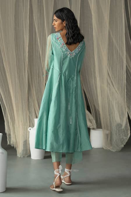 Shop_Zoon_Green , Cotton, Organza Sequins, Chanderi Side Tie Anarkali Pant Set _at_Aza_Fashions