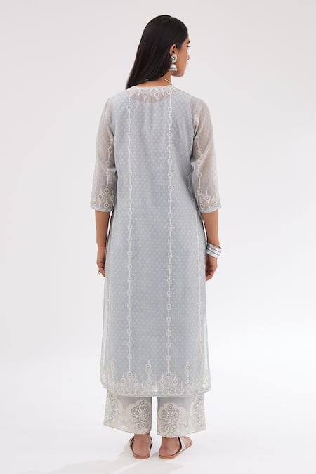 Shop Kora Blue Cotton, Chanderi Sequins, Embroidery Hand Block Print Straight Kurta Set at Aza Fashions Shop_Kora_Blue Cotton, Chanderi Sequins, Embroidery Hand Block Print Straight Kurta Set _at_Aza_Fashions