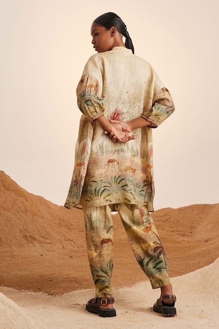 Shop Cord White Linen Embroidery Mandarin Collar Oracle Printed Kurta And Pant Set at Aza Fashions Shop_Cord_White Linen Embroidery Mandarin Collar Oracle Printed Kurta And Pant Set_at_Aza_Fashions