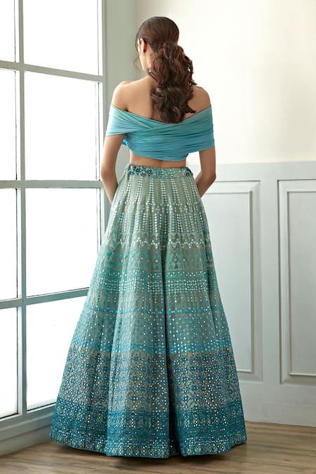 Shop_Studio Iris India_Blue Organza Embroidery, Mirrors One Ombre Thread And Foil Work Lehenga Set _at_Aza_Fashions