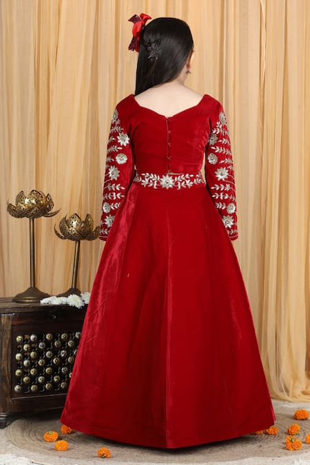 The Little Celebs Velvet Waistband Embroidered Lehenga & Blouse Set 