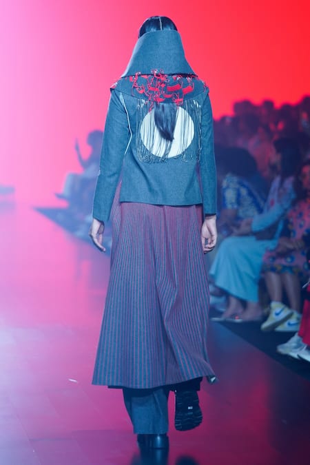 Shop Shahin Mannan Grey Denim Embroidery Round Neck Tiny Houses Top Skirt Set at Aza Fashions Shop_Shahin Mannan_Grey Denim Embroidery Round Neck Tiny Houses Top Skirt Set _at_Aza_Fashions